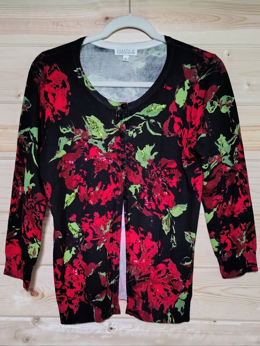 Joseph A. Floral Sequin Cardigan Sweater Lightweight Button Up Whimsigoth Fairy